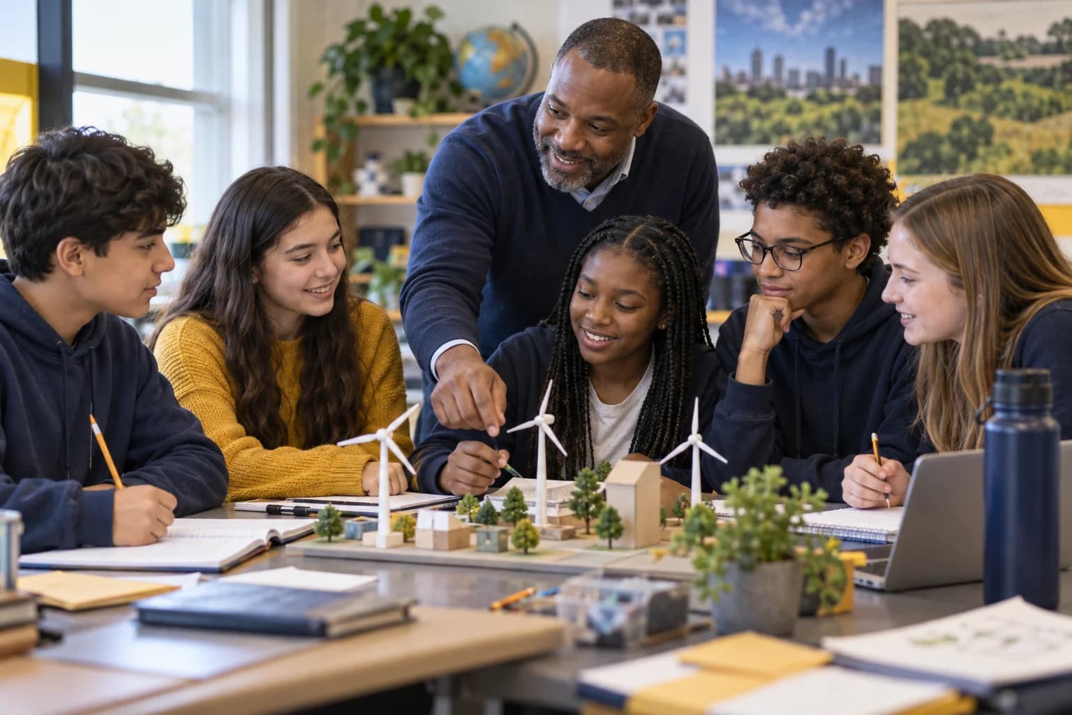 Illustrative scene of middle and high school students working on a project with a middle-aged African American mentor