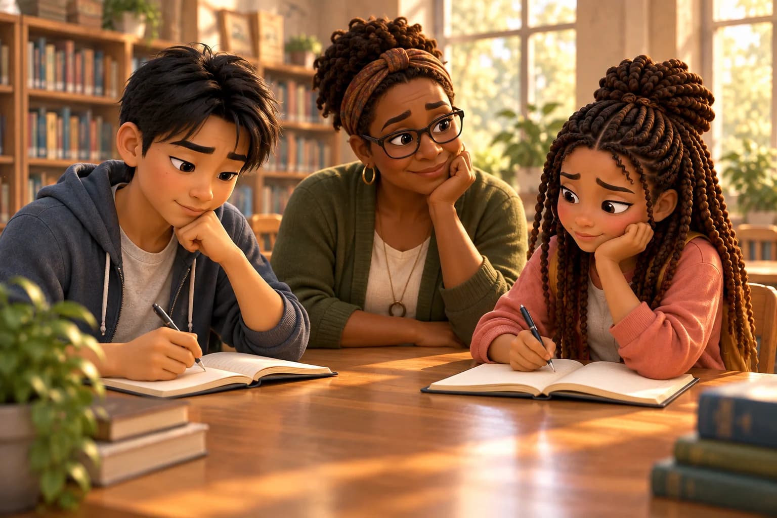 Illustration of students reflecting in journals with an educator