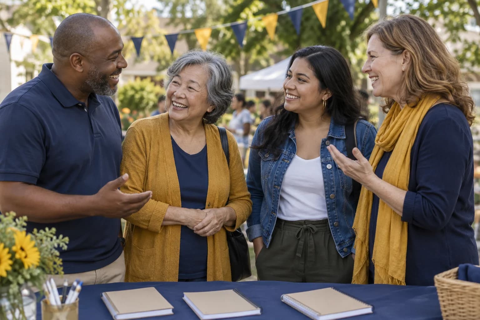 Illustrative community partners greeting one another at a neighborhood event