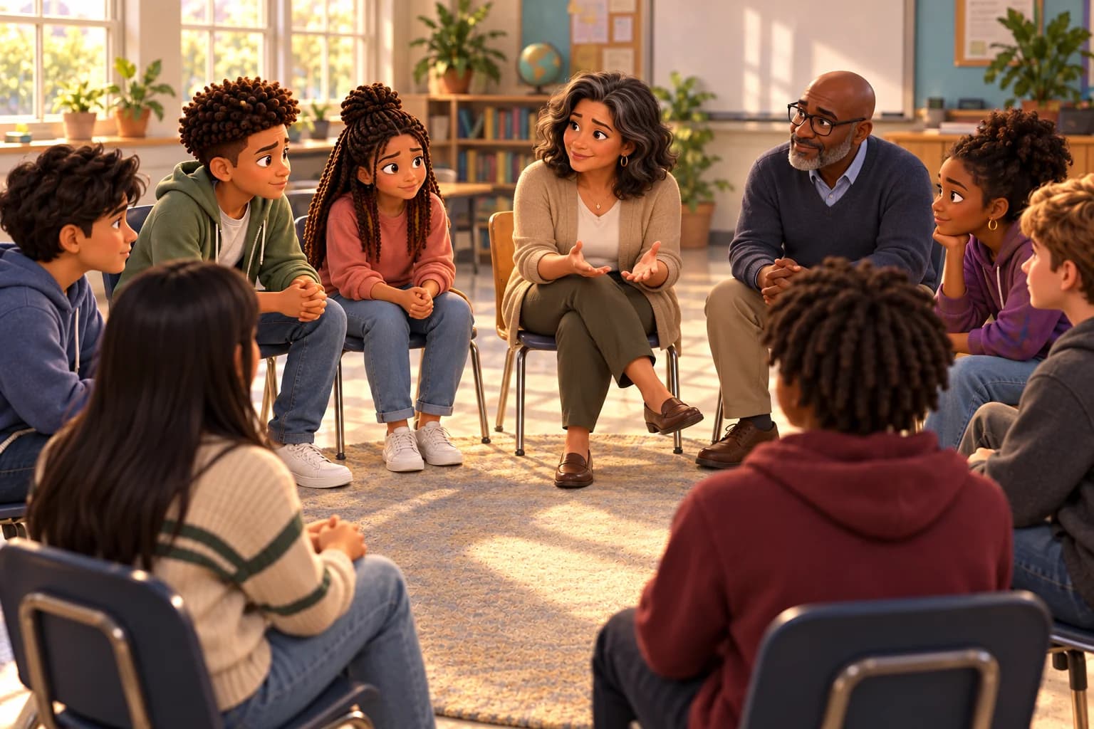Illustration of students in a listening circle with a facilitator and teacher